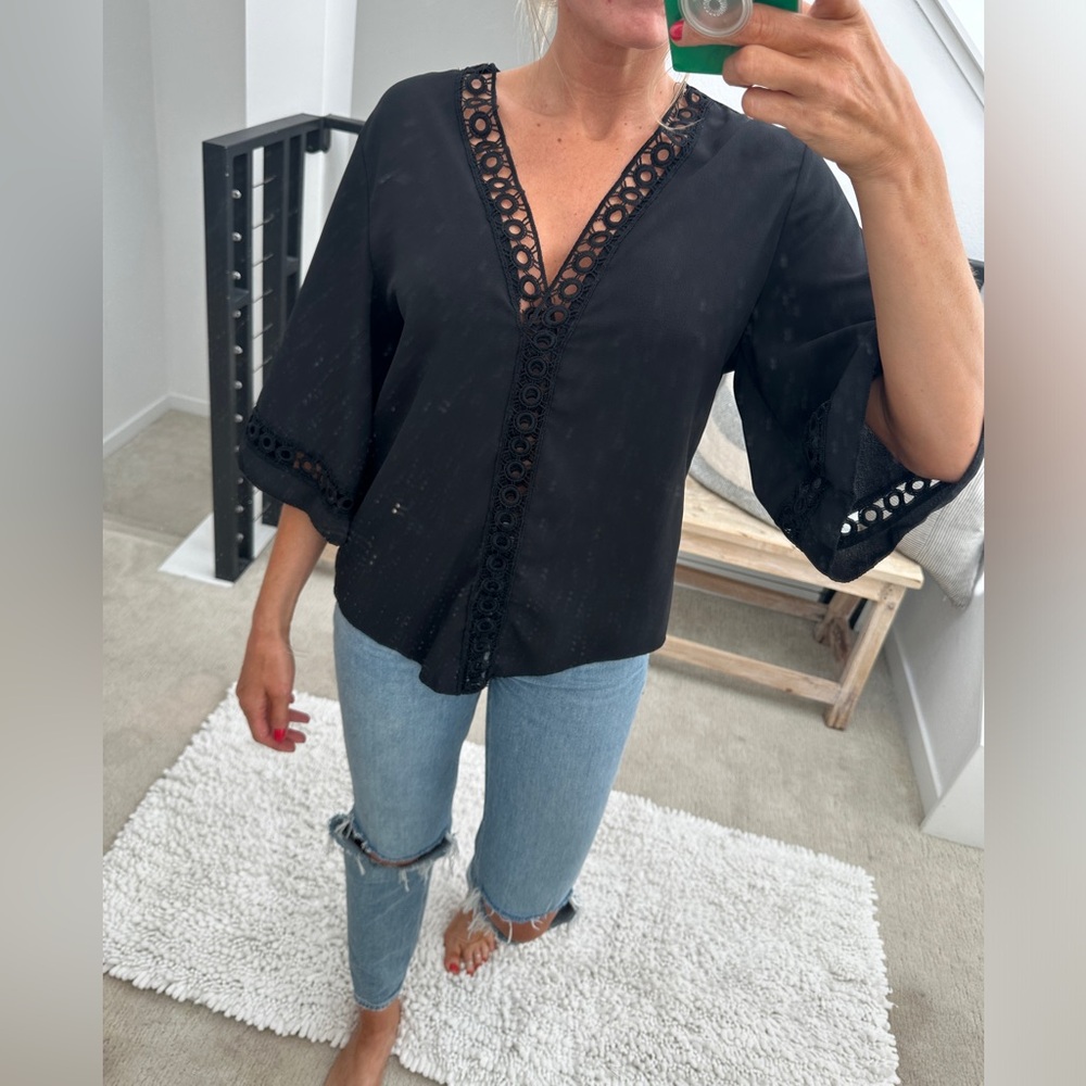 Black Lace Trim Blouse Womens Boho Chic Flowy Top Date Night Casual | Size S - Picture 3 of 13